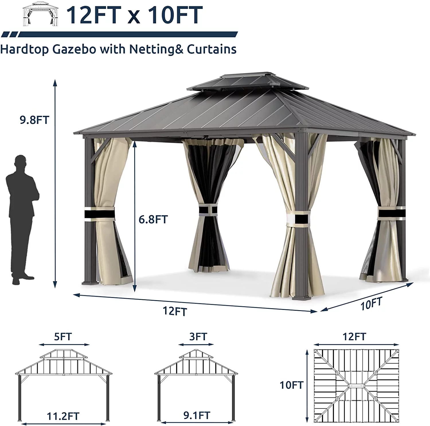 Techmilly 12W x 10 Hardtop Gazebo Steel Outdoor Double Vented Roof Khaki