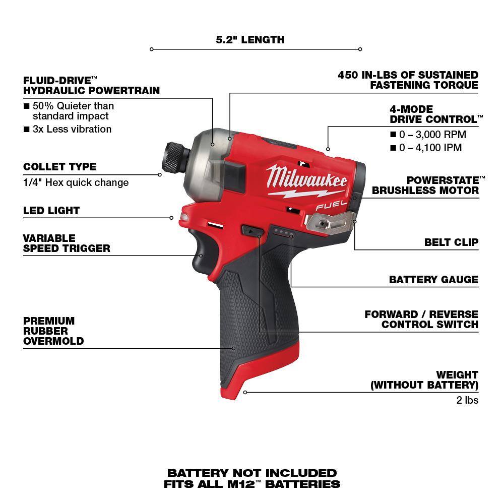 Milwaukee 2551-20 M12 FUEL SURGE 12V Lithium-Ion Brushless Cordless 1/4 in. Hex Impact Driver (Tool-Only)