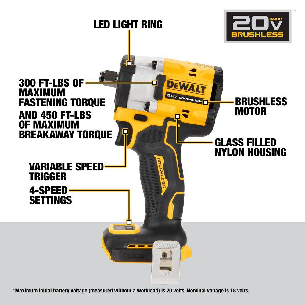 DEWALT DCF921B ATOMIC 20V MAX Cordless Brushless 1/2 in. Variable Speed Impact Wrench (Tool Only)