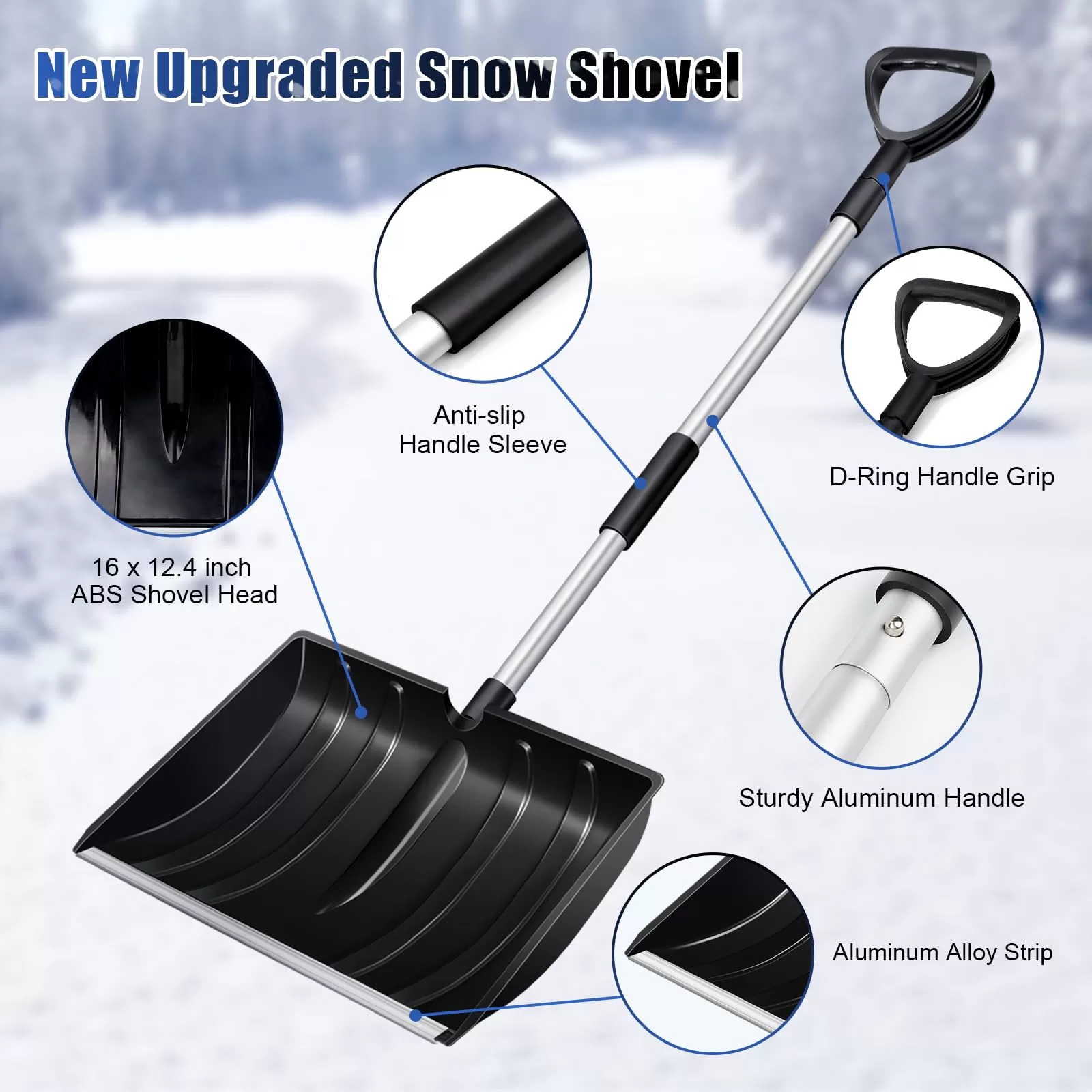 WAITRIU Large Portable Snow Shovel for Driveway: 52-Inch Extended Lightweight Snow Shovel for Snow Removal