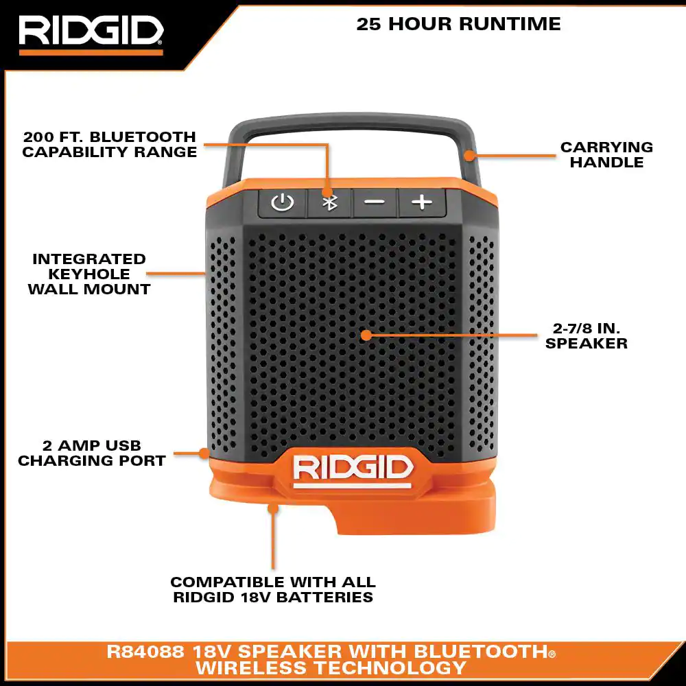 RIDGID R84088B 18V Cordless Speaker with Bluetooth Wireless Technology (Tool only)