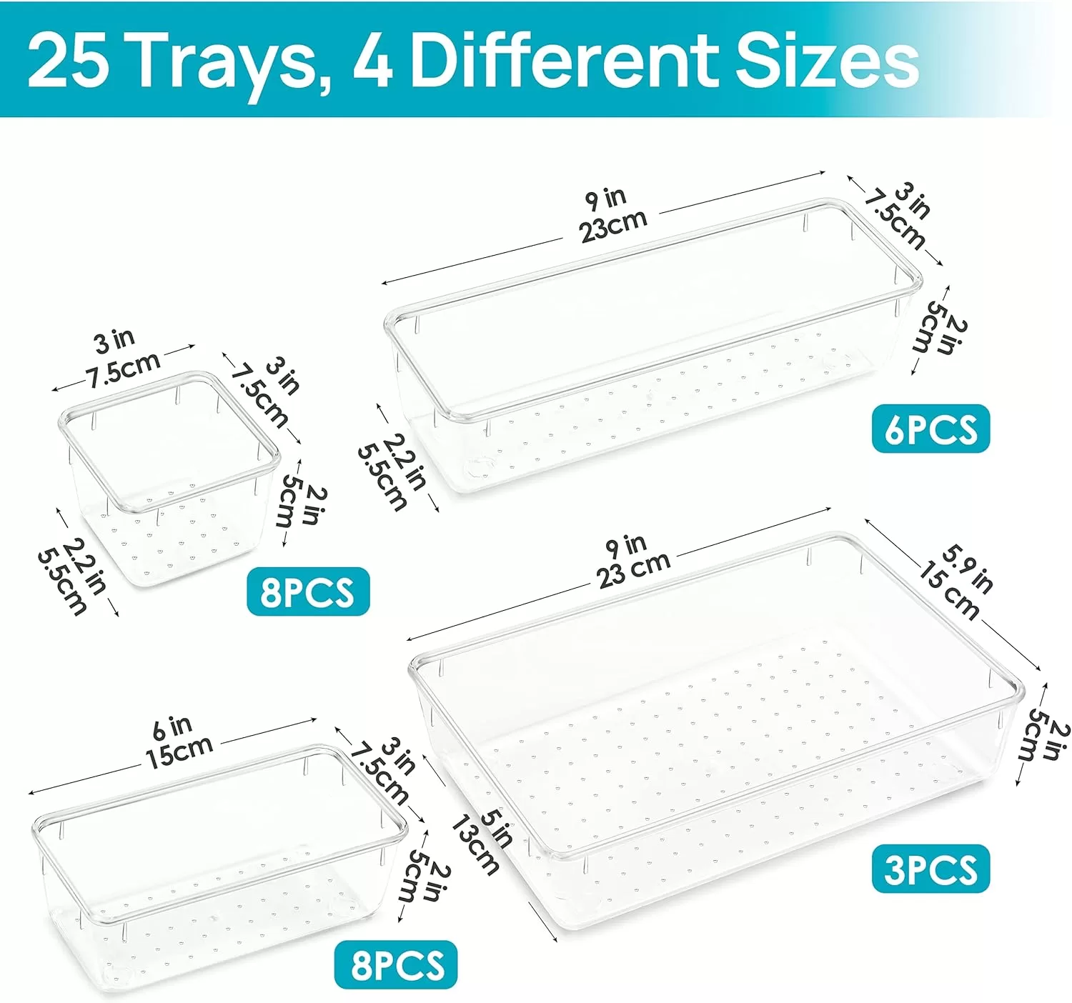 Vtopmart 25 PCS Clear Plastic Drawer Organizers Set, 4-Size Versatile Bathroom and Vanity Drawer Organizer Trays