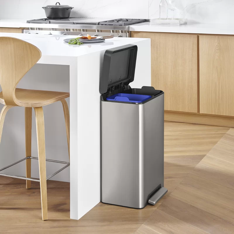 Kohler 20956-ST 11 Gallon Hands-Free Dual Compartment Recycling Kitchen Step, Trash Can with Foot Pedal, Quiet-Close Lid, Stainless Steel