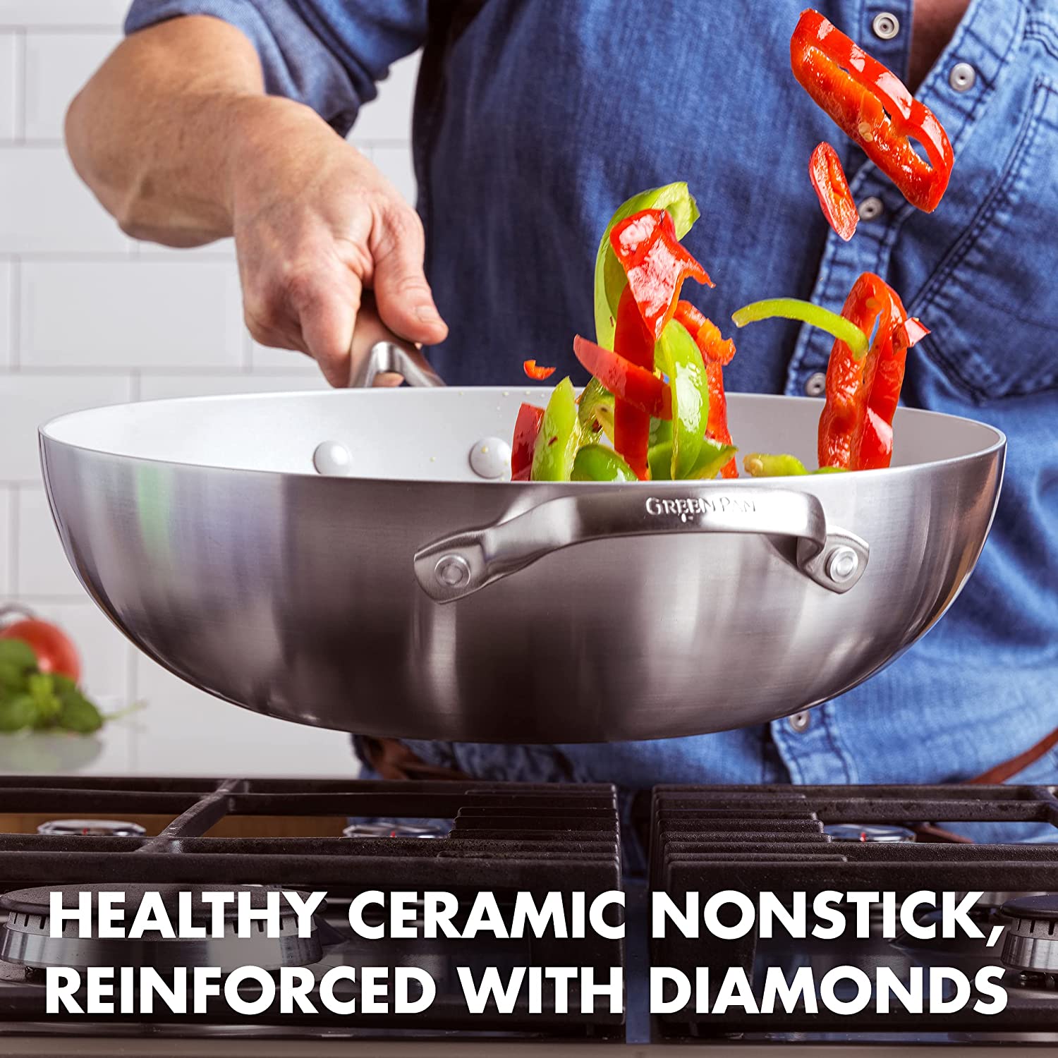 GreenPan Venice Pro Tri-Ply Stainless Steel Healthy Ceramic Nonstick 12′′ Wok Pan with Helper Handle and Lid, PFAS-Free, Multi Clad, Induction, Dishwasher Safe, Oven Safe, Silver ( CC002258-001)