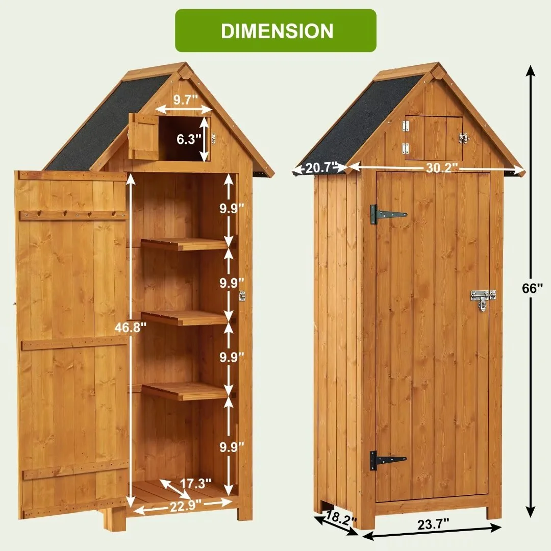 Outdoor Storage Cabinet. Wooden Garden Tool Storage Shed with Shelves and Latch. for Yard. Patio. Garden. Backyard. Deck and Porch. Wood Color