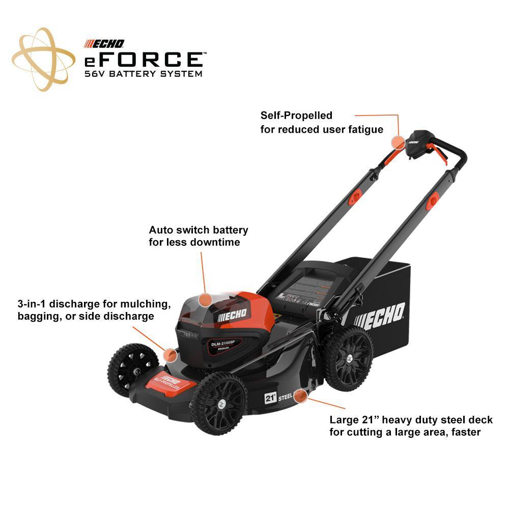 ECHO DLM-2100SPBT eFORCE 56-Volt 21 in. Cordless Battery Walk Behind Self-Propelled Lawn Mower (Tool Only)