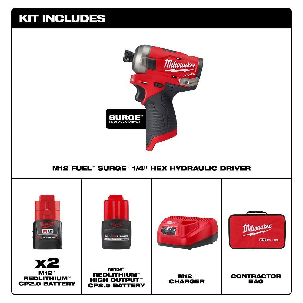 Milwaukee 2551-22-48-11-2425 M12 FUEL SURGE 12V Lithium-Ion Brushless Cordless 1/4 in. Hex Impact Driver Kit w/CP High Output 2.5 Ah Battery Pack