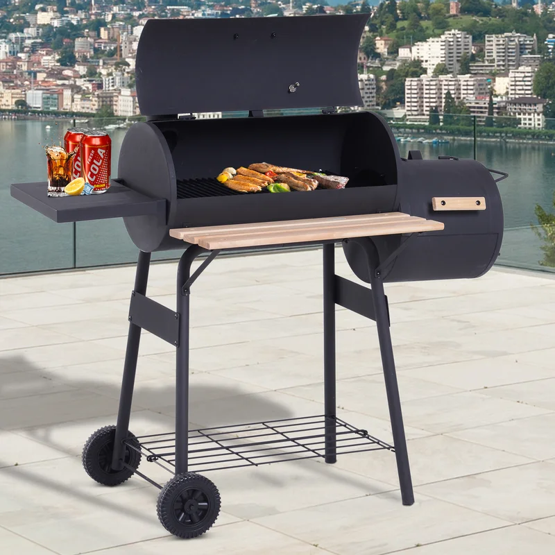 Outsunny 846-036 48 in. Steel Portable Backyard Charcoal BBQ Grill and Offset Smoker Combo in Black with Wheels and 2 Storage Shelves