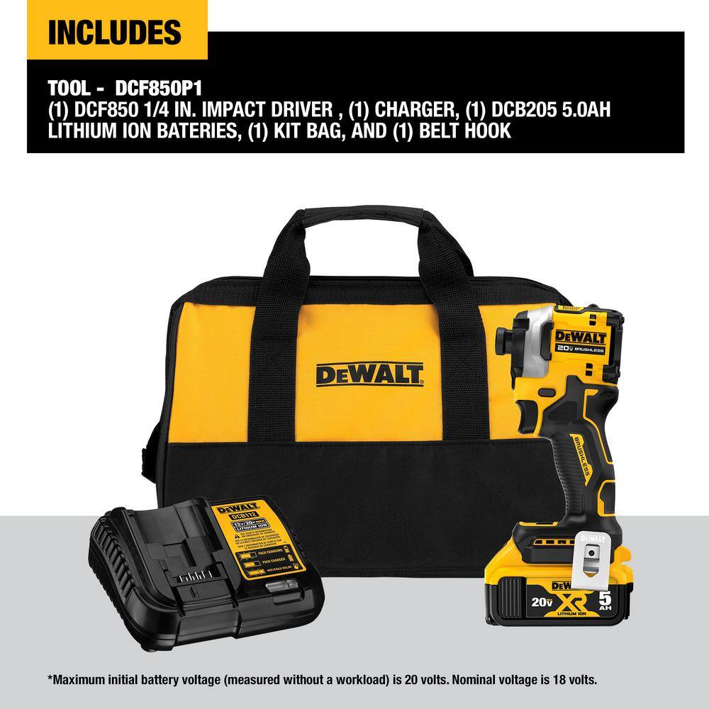 DEWALT DCF850P1 ATOMIC 20V MAX Lithium-Ion Cordless 1/4 in. Brushless Impact Driver Kit, 5 Ah Battery, Charger, and Bag
