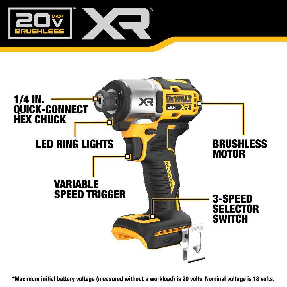 DEWALT DCF845B 20-Volt Maximum XR Cordless Brushless 1/4 in. 3-Speed Impact Driver (Tool-Only)