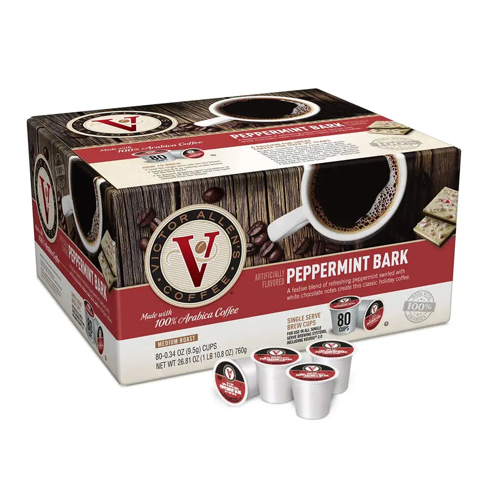 Victor Allen’s Coffee Peppermint Bark Flavored Medium Roast 80 Count, Single Serve Coffee Pods for Keurig K-Cup Brewers