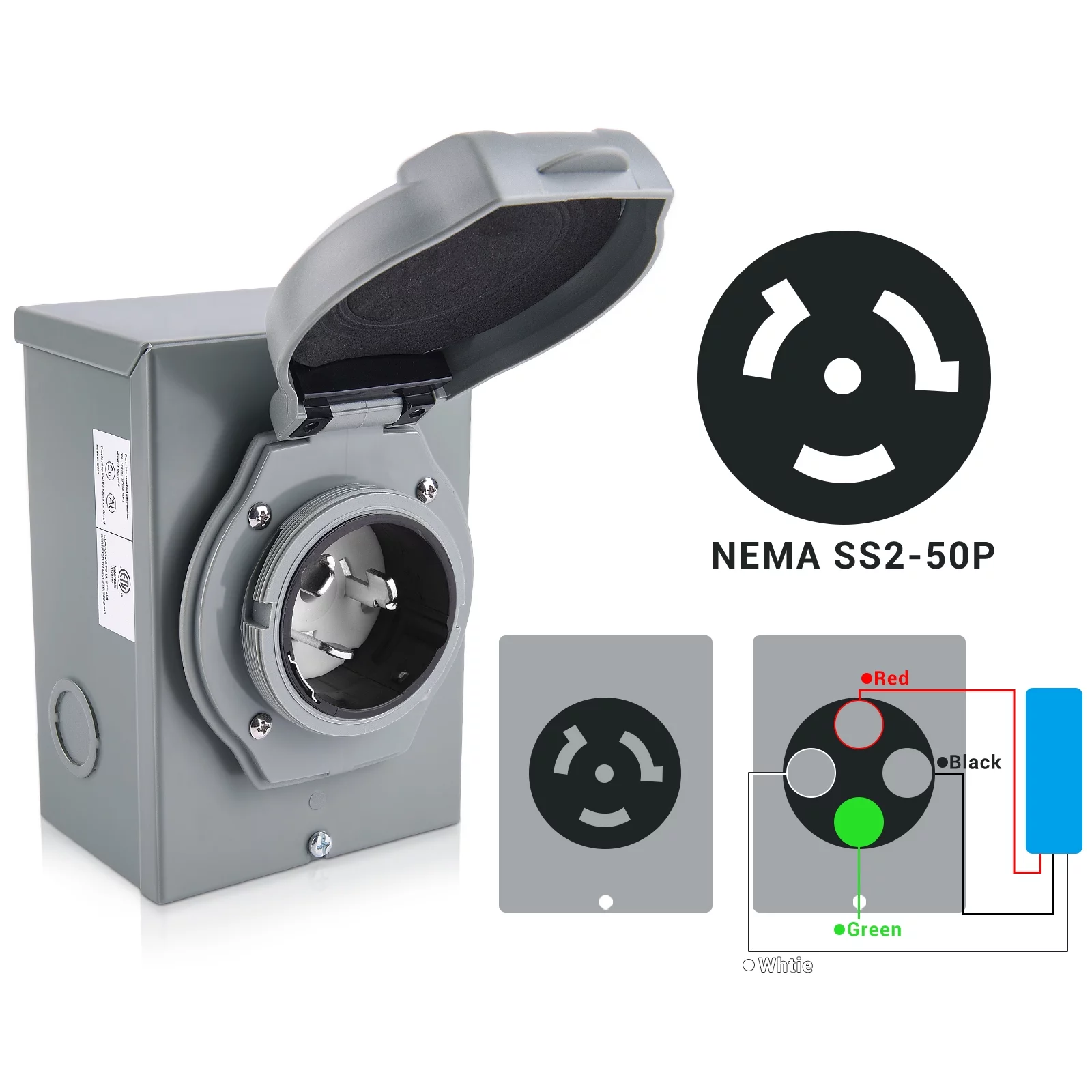 MICTUNING 50 Amp Generator Power Inlet Box Weatherproof. NEMA SS 2-50P Outdoor Inlet Box for 3 Prong Generator Cord. 125/250 Volt. 12500 Watts. ETL Listed