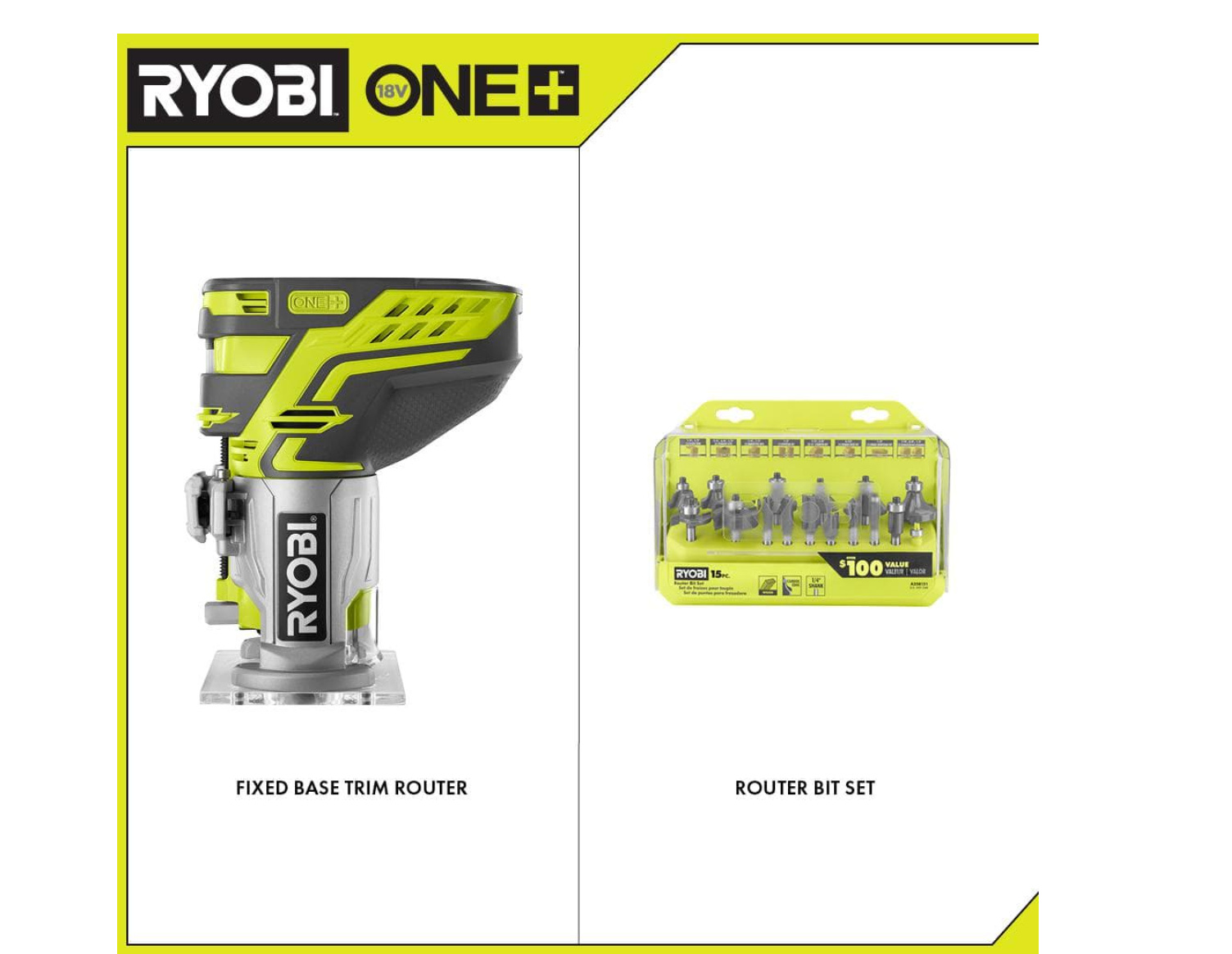 RYOBI P601-A25R151 ONE+ 18V Cordless Fixed Base Trim Router with Shank Carbide Router Bit Set (15-Piece)