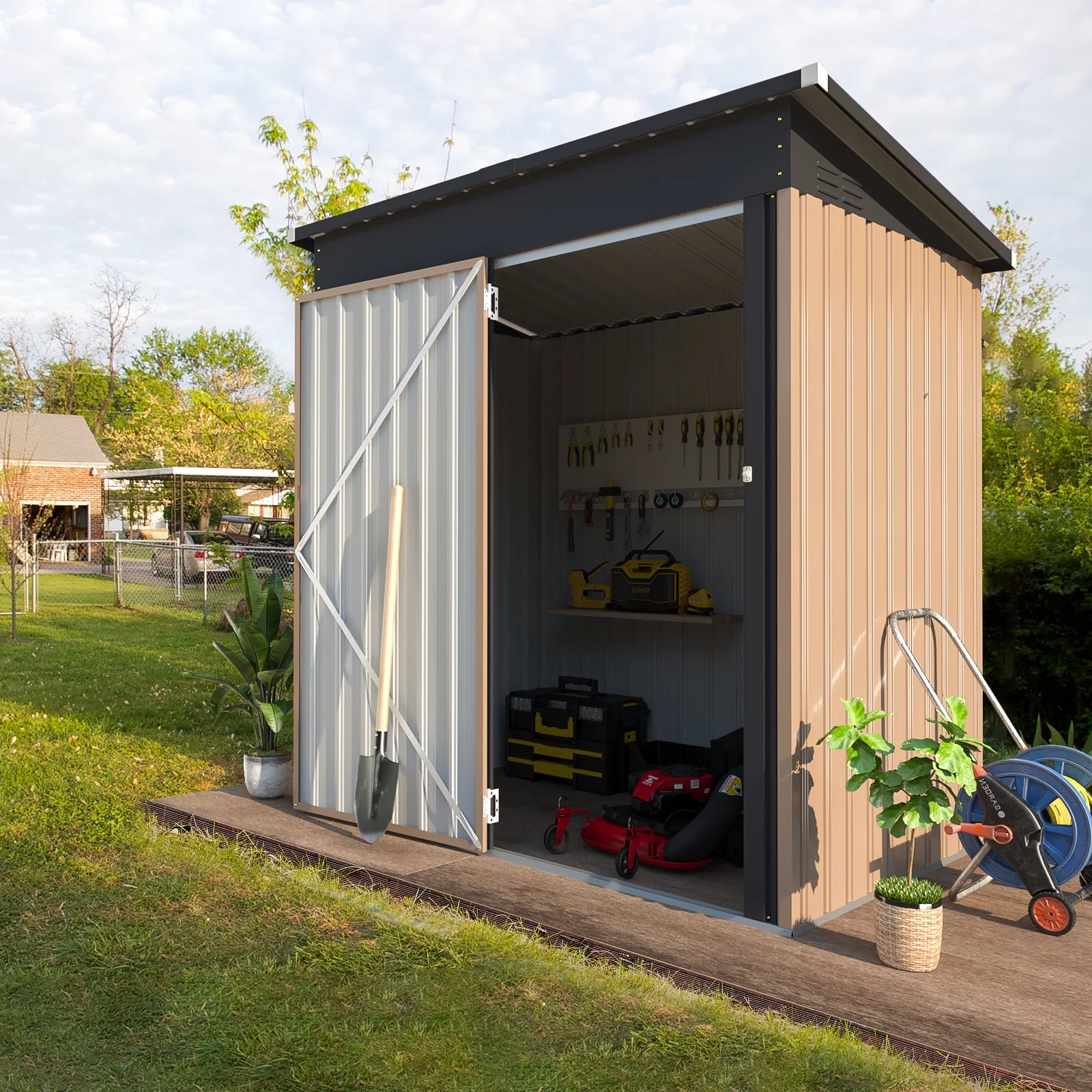 YODOLLA 5 x 3 ft. Outdoor Metal Storage Shed with Sliding Roof & Lockable Door for Backyard. Garden