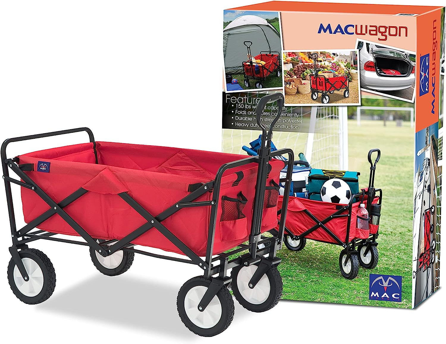 Mac Sports Heavy Duty Steel Frame Collapsible Folding 150 Pound Capacity Outdoor Camping Garden Utility Wagon Yard Cart, Red