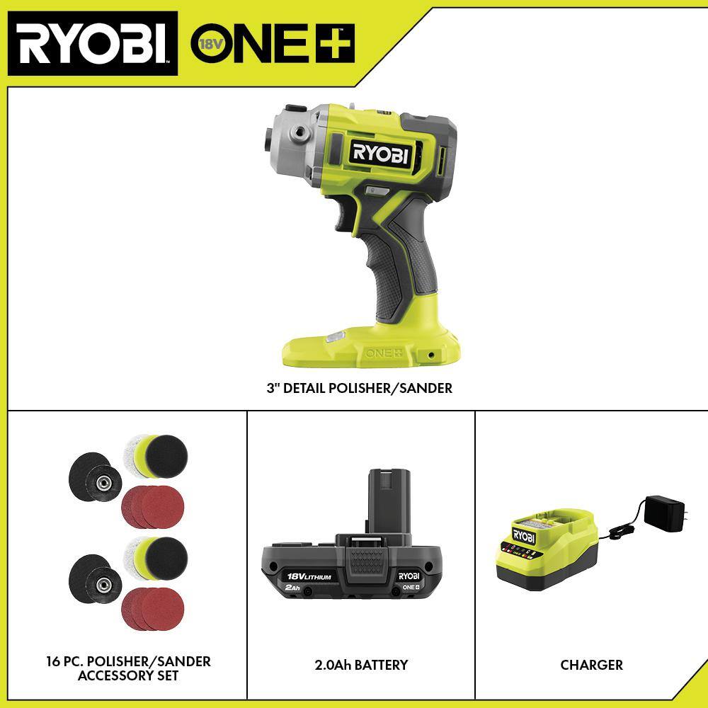 RYOBI PBF102KN-A95DP801 ONE+ 18V Cordless 3 in. Detail Polisher/Sander Kit with 2.0 Ah Battery, Charger, & 8-Piece Polisher/Sander Accessory Set