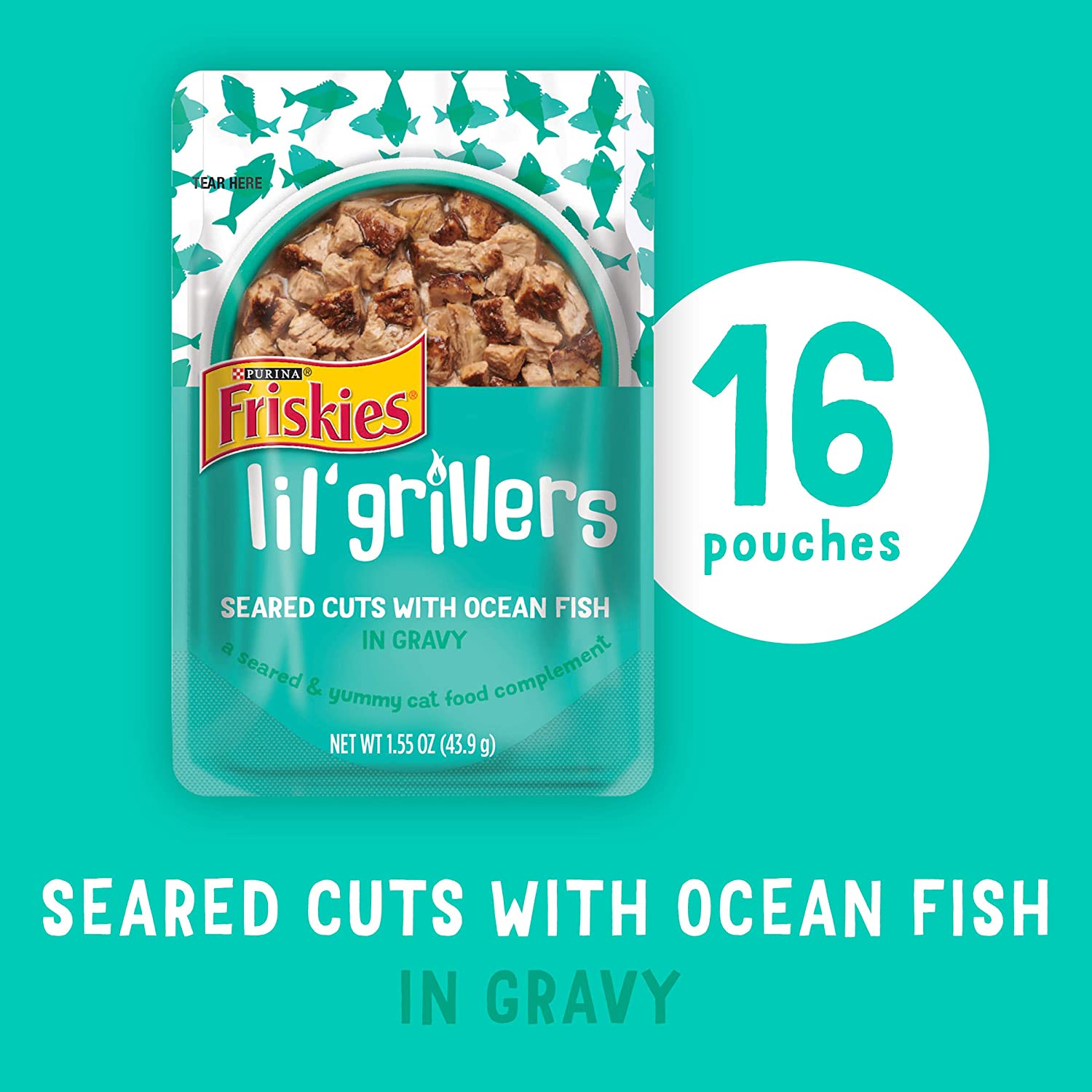 Purina Friskies Gravy Wet Cat Food Complement Lil’ Grillers Seared Cuts with Ocean Fish – (16) 1.55 oz. Pouches