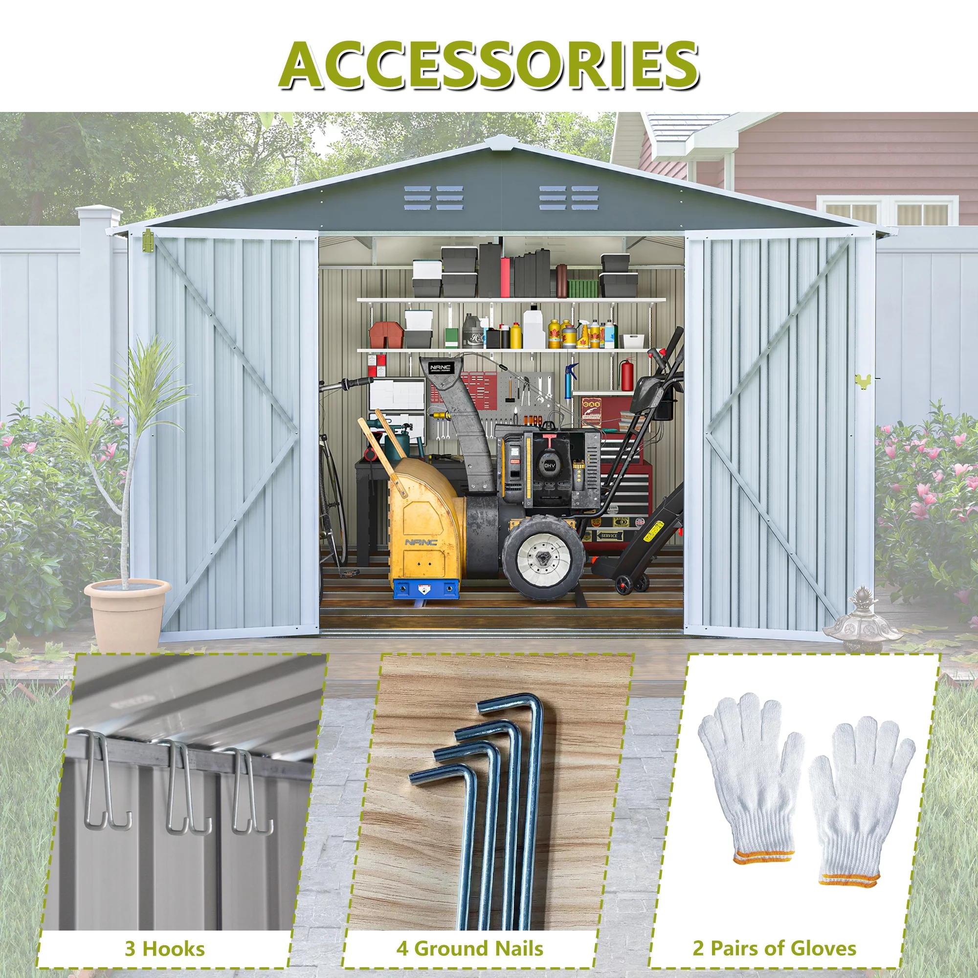 LZBEITEM 8'x10' Outdoor Metal Storage Shed with Floor Frame. Galvanized Steel Garden Shed. Metal Garden Tool Shed with Double Lockable Doors for Backyard Patio Lawn. Gray. 113.7'' x 93.5'' x 76.2''