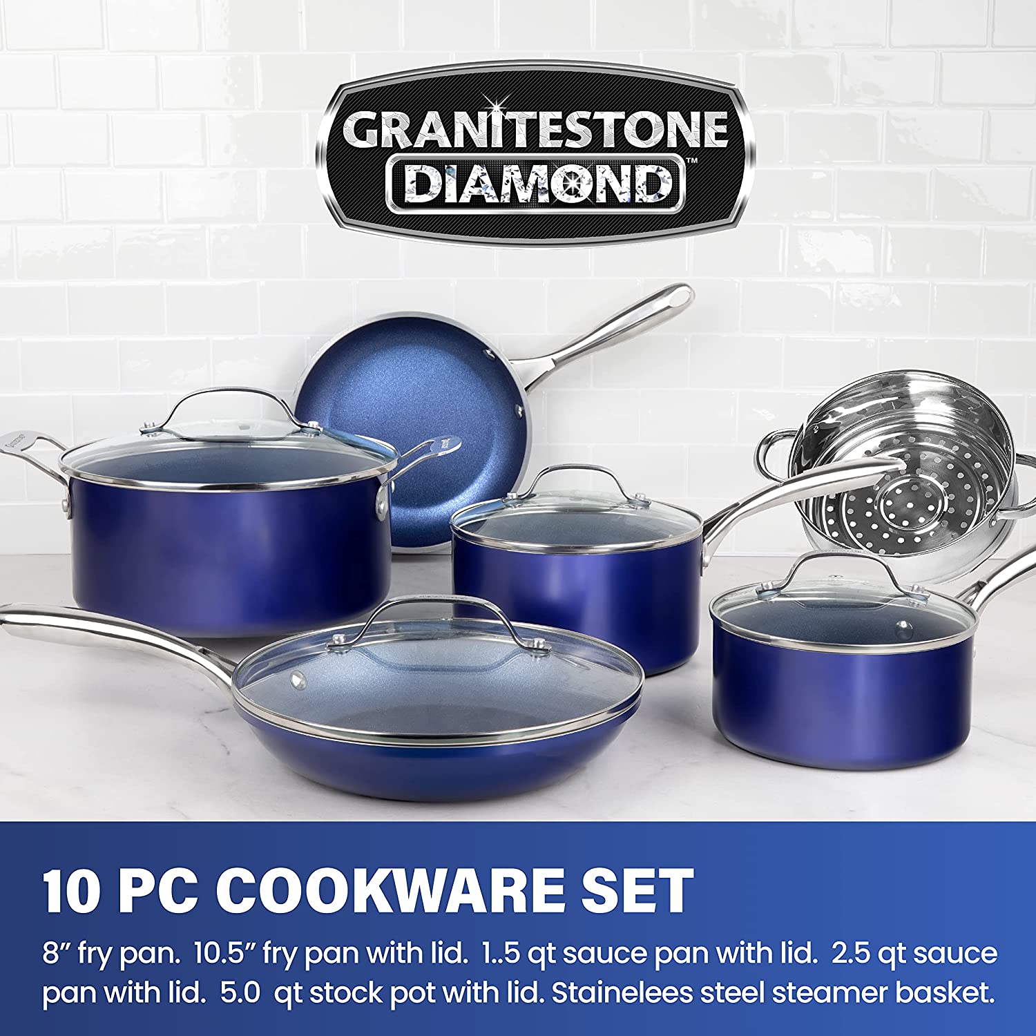 GRANITESTONE 7036 Classic Blue 10-Piece Aluminum Ultra-Durable Non-Stick Diamond Infused Cookware Set with Glass Lids