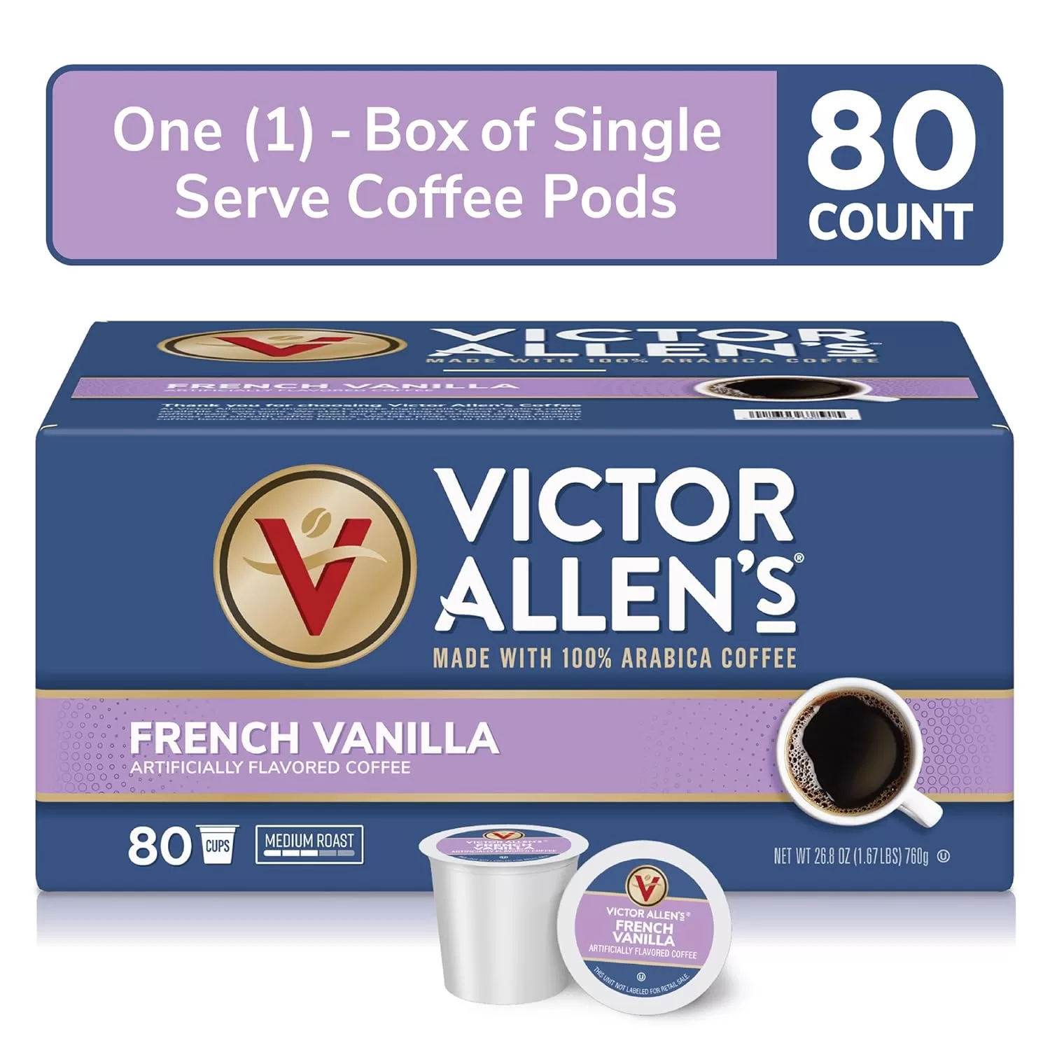 Victor Allen’s Coffee French Vanilla Flavored, Medium Roast, 80 Count Single Serve Coffee Pods for Keurig K-Cup Brewers