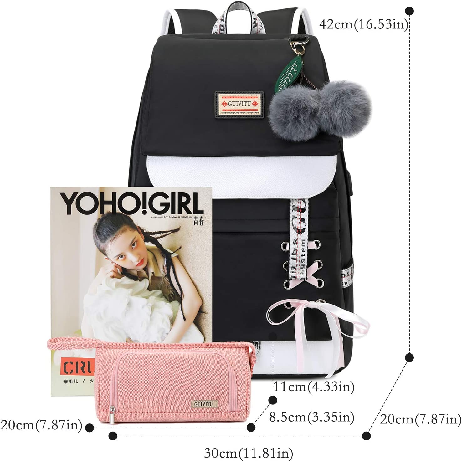 GUIVITU Backpacks for Girls Schoolbag for Kids 6-12 years Teens Bookbag Children Waterproof Rucksack with Pencil Case Sets