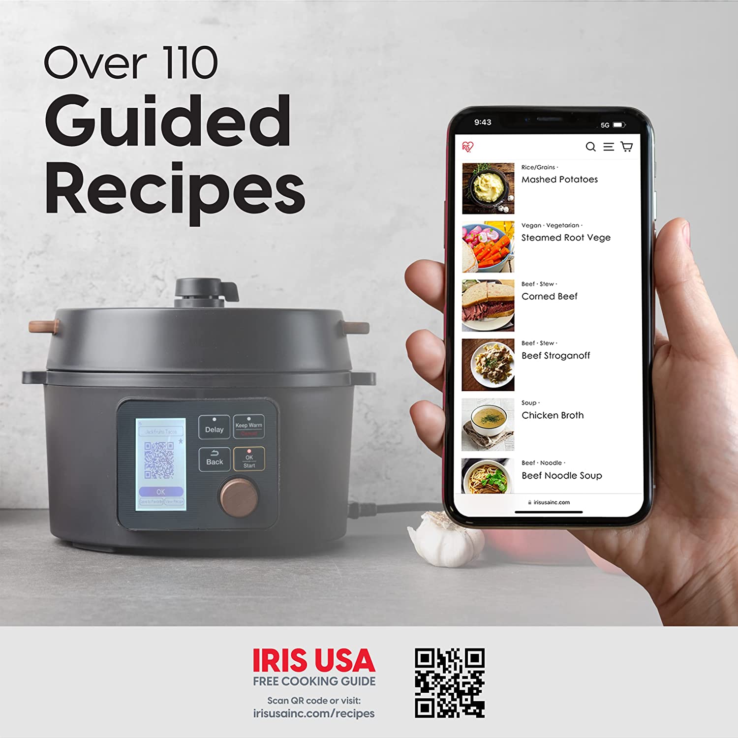 IRIS USA 3 Qt. 8-in-1 Electric Pressure Cooker, Slow Cooker, Rice Cooker, Steamer, Sear & Sauté, Yogurt, Compact Multi-Cooker for 2-3 People with Over 110 Pre-Programmed Recipes, Vegan Friendly, Black