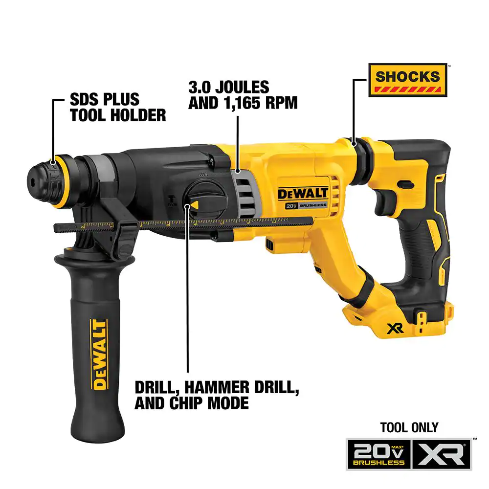DEWALT DCH263B 20-Volt MAX Cordless Brushless 1-1/8 in. SDS Plus D-Handle Concrete & Masonry Rotary Hammer (Tool-Only)