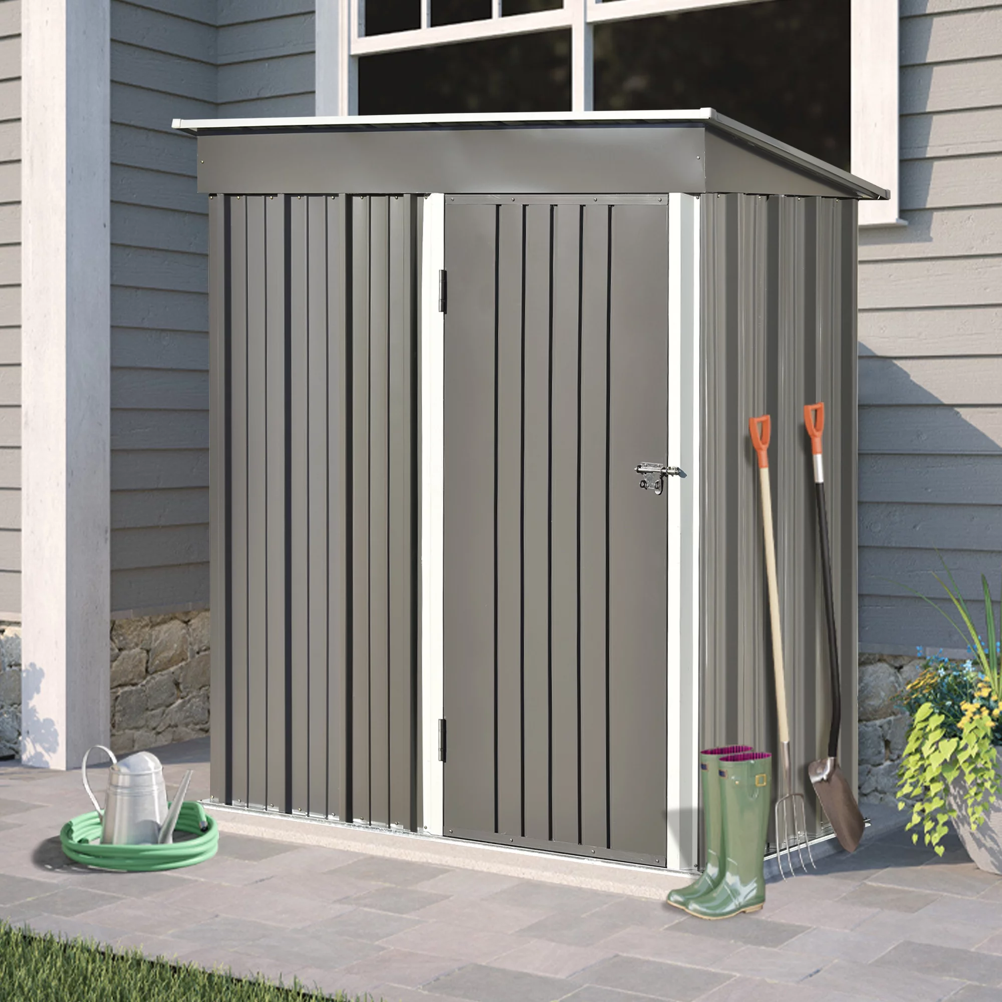 Outdoor Storage Shed. DFITO 5x3ft Metal Lean-to Storage Shed with Lockable Door. Suitable for Bicycles/ Trash Cans/Tools/Lawn Mowers. Tool Cabinet With Lockable Doorsuitable for Home/Yard. Gray. DJ341
