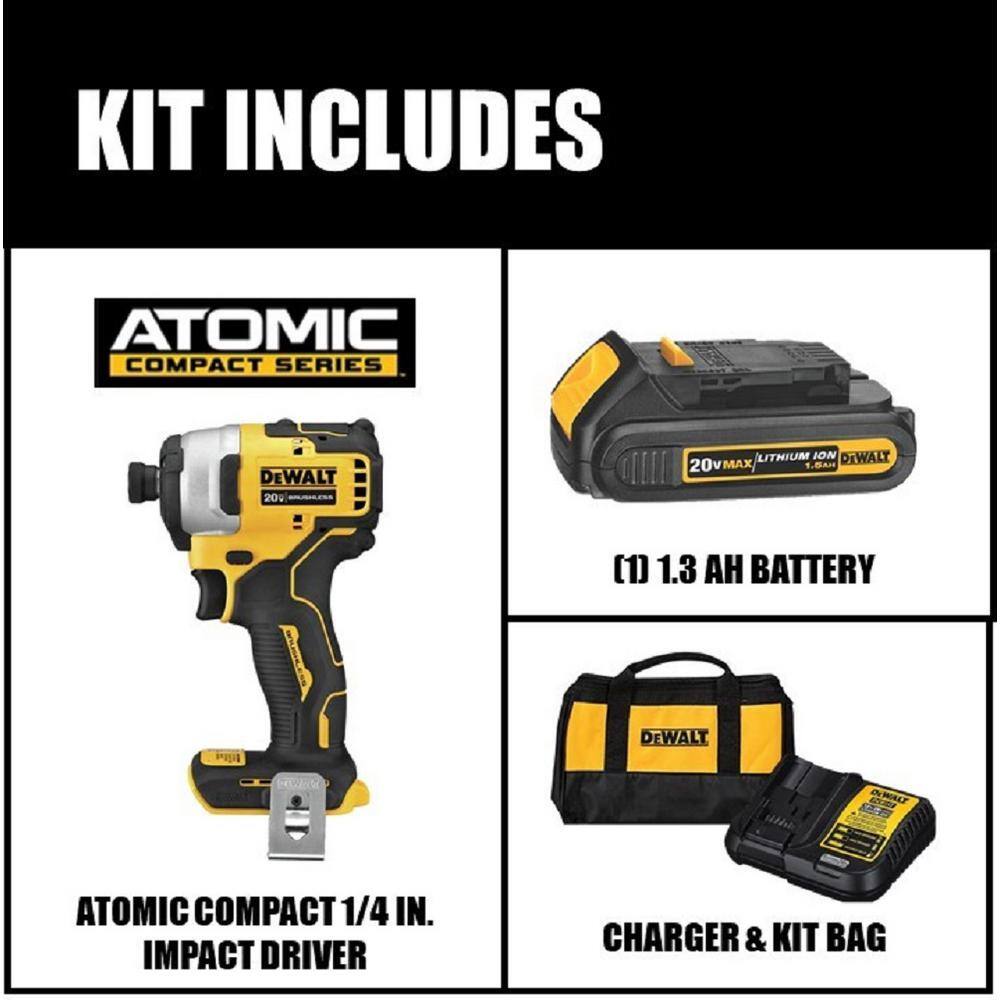 DEWALT DCF809C1 ATOMIC 20V MAX Cordless Brushless Compact 1/4 in. Impact Driver, (1) 20V 1.3Ah Battery, Charger, and Bag