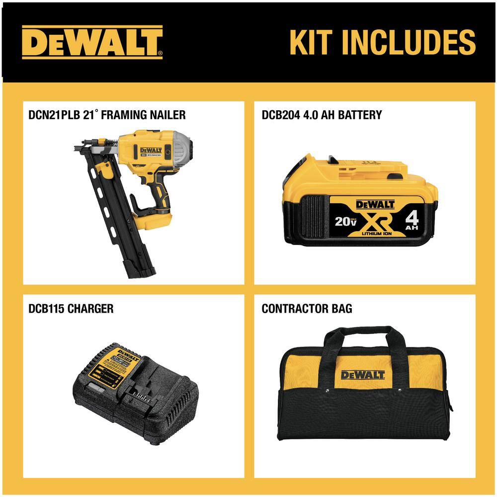 DEWALT DCN21PLM1 20V MAX XR Lithium-Ion Cordless Brushless 2-Speed 21° Plastic Collated Framing Nailer with 4.0Ah Battery and Charger