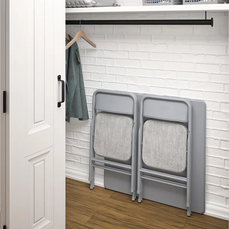 COSCO 14551GRY1E Premium 5-Piece Table & Chair Dining Set, with 34′′ Vinyl Top Card Table and 4 Fabric Padded Seat & Back Folding Chairs, Gray