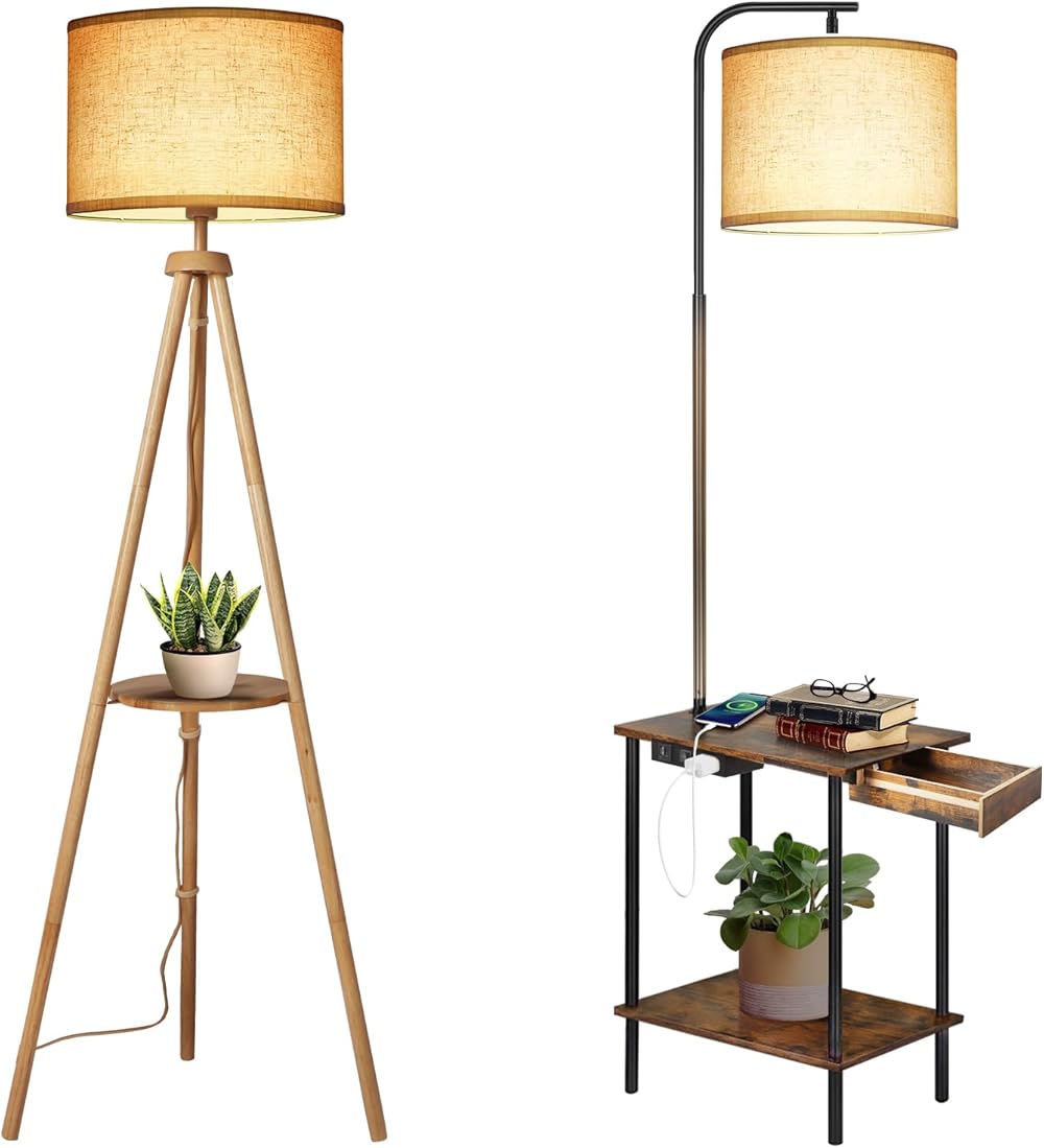 OUTON Floor Lamp With Shelves,Modern Dimmable Wood Standing Lamp With