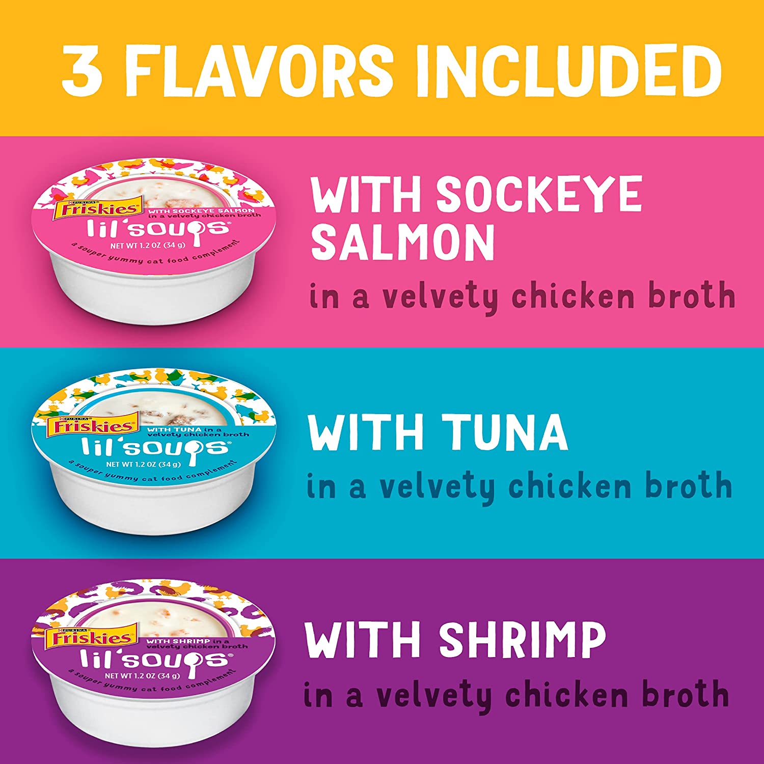 Friskies Purina Grain Free Wet Cat Food Complement Variety Pack Lil’ Soups with Salmon Tuna or Shrimp – (30) 1.2 oz. Cups