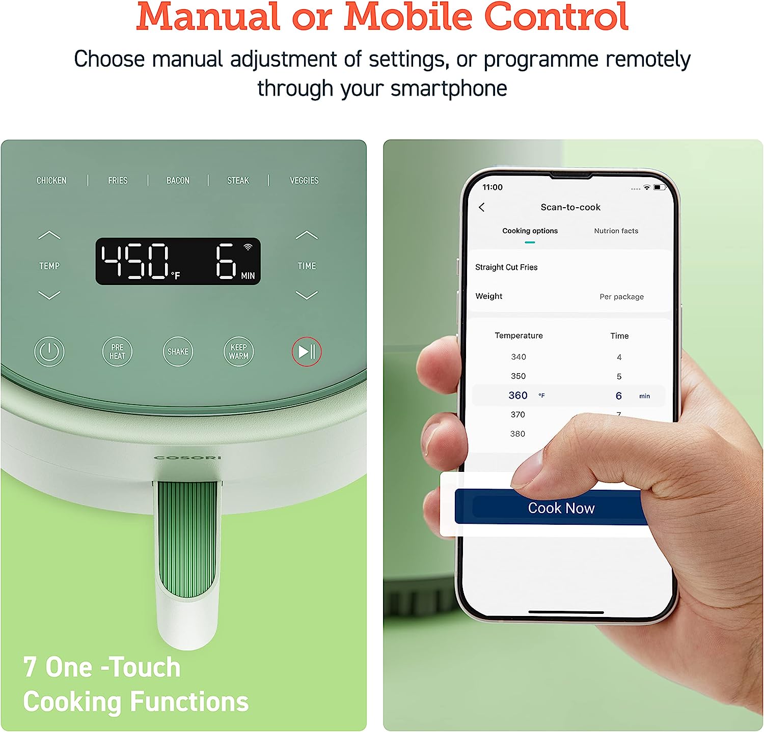 COSORI Air Fryer 4 Qt, 7 Cooking Functions Airfryer, 150+ Recipes on Free App, 97% less fat Freidora de Aire, Dishwasher-safe, Designed for 1-3 People, Lite 4.0-Quart Smart Air Fryer, Sage Green