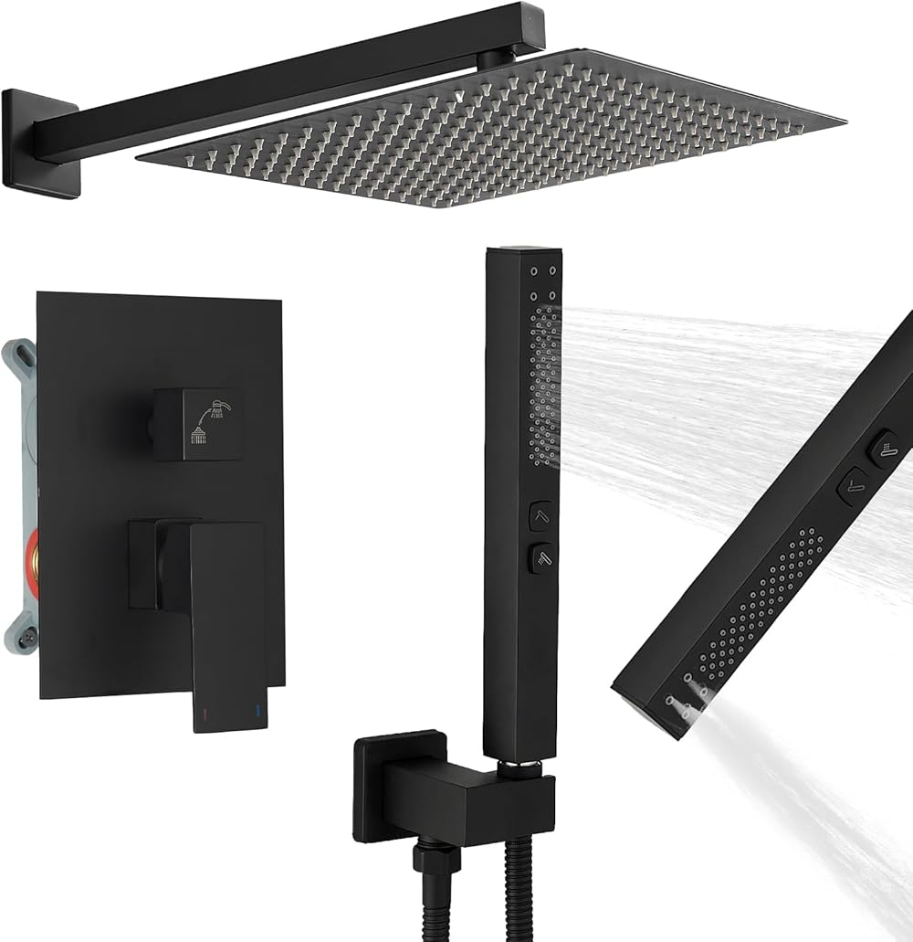 Matte Black Rainfall Shower System Fixture 12 Inch High Pressure Square ...