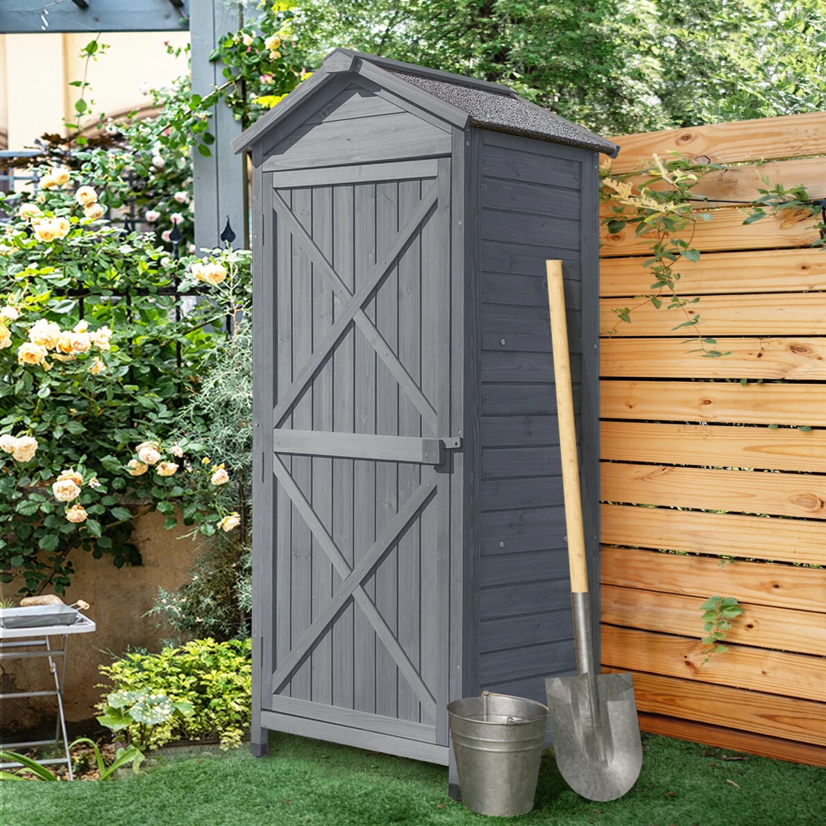 Garden Storage Shed - Garden Tool Storage Cabinet - Lockable Arrow Storage Sheds Organizer.Outdoor Wooden Storage Sheds Fir Wood Lockers with Workstation.Natural for Home.Yard (Gray)