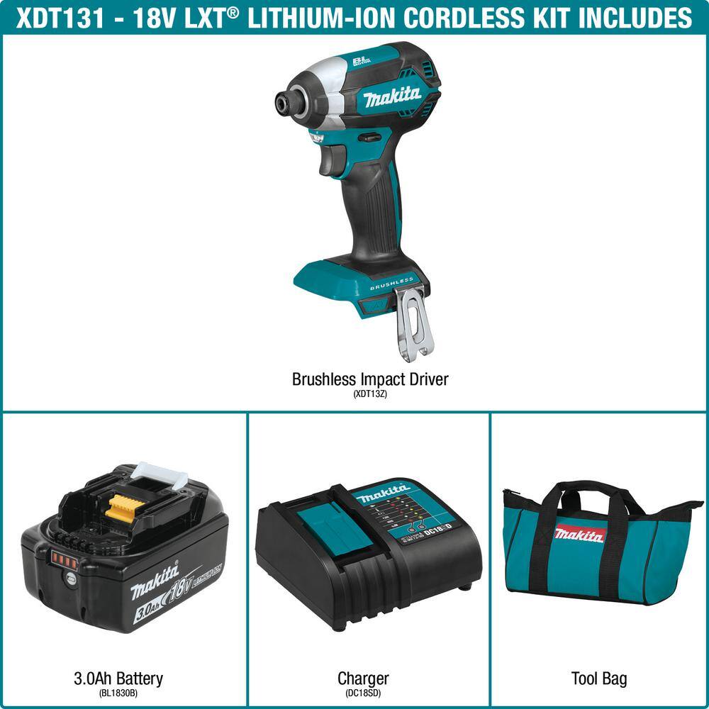 Makita XDT131 18V LXT Lithium-Ion Brushless Cordless Impact Driver Kit with (1) Battery 3.0Ah