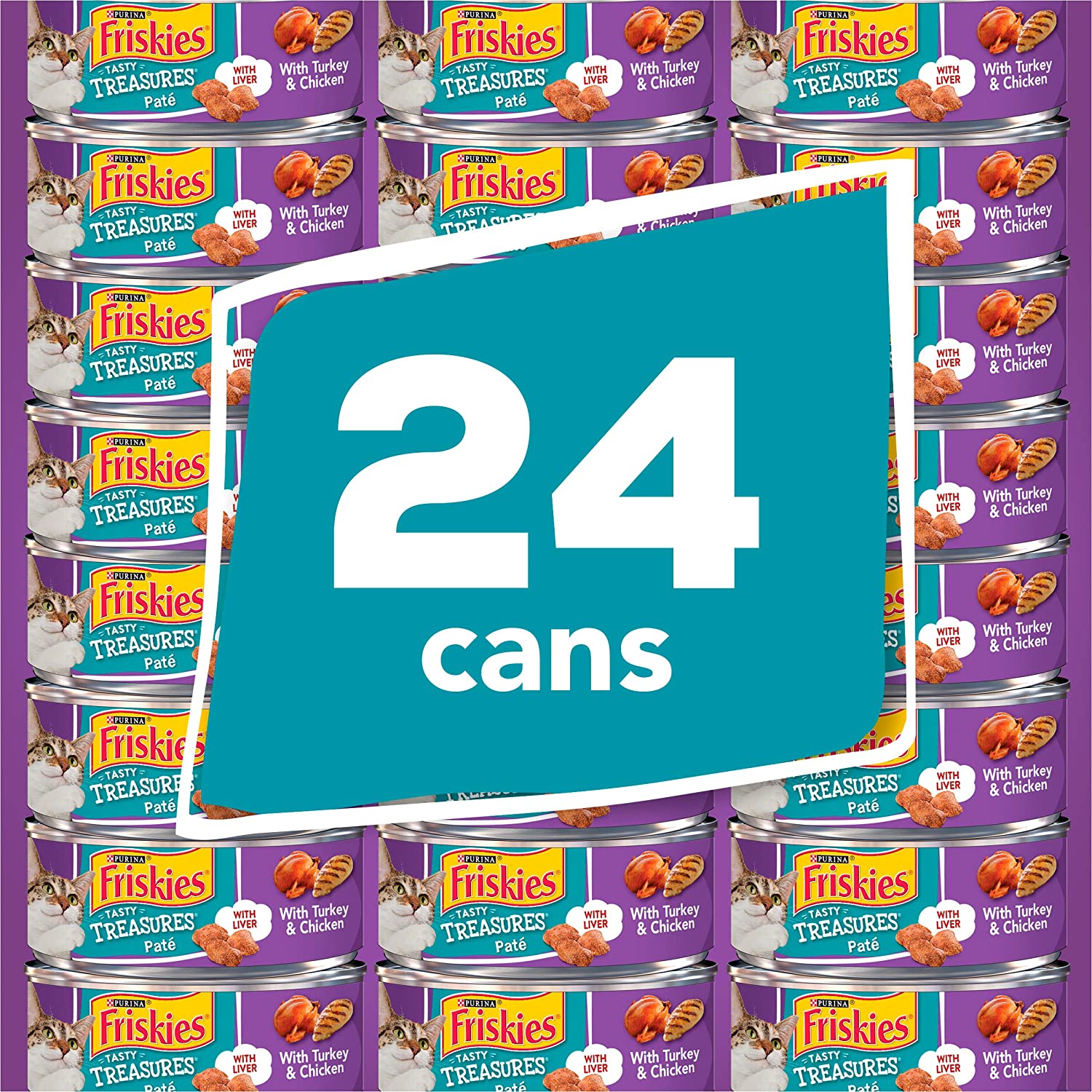 Purina Friskies Pate Wet Cat Food Tasty Treasures With Liver Turkey and Chicken – (24) 5.5 oz. Cans