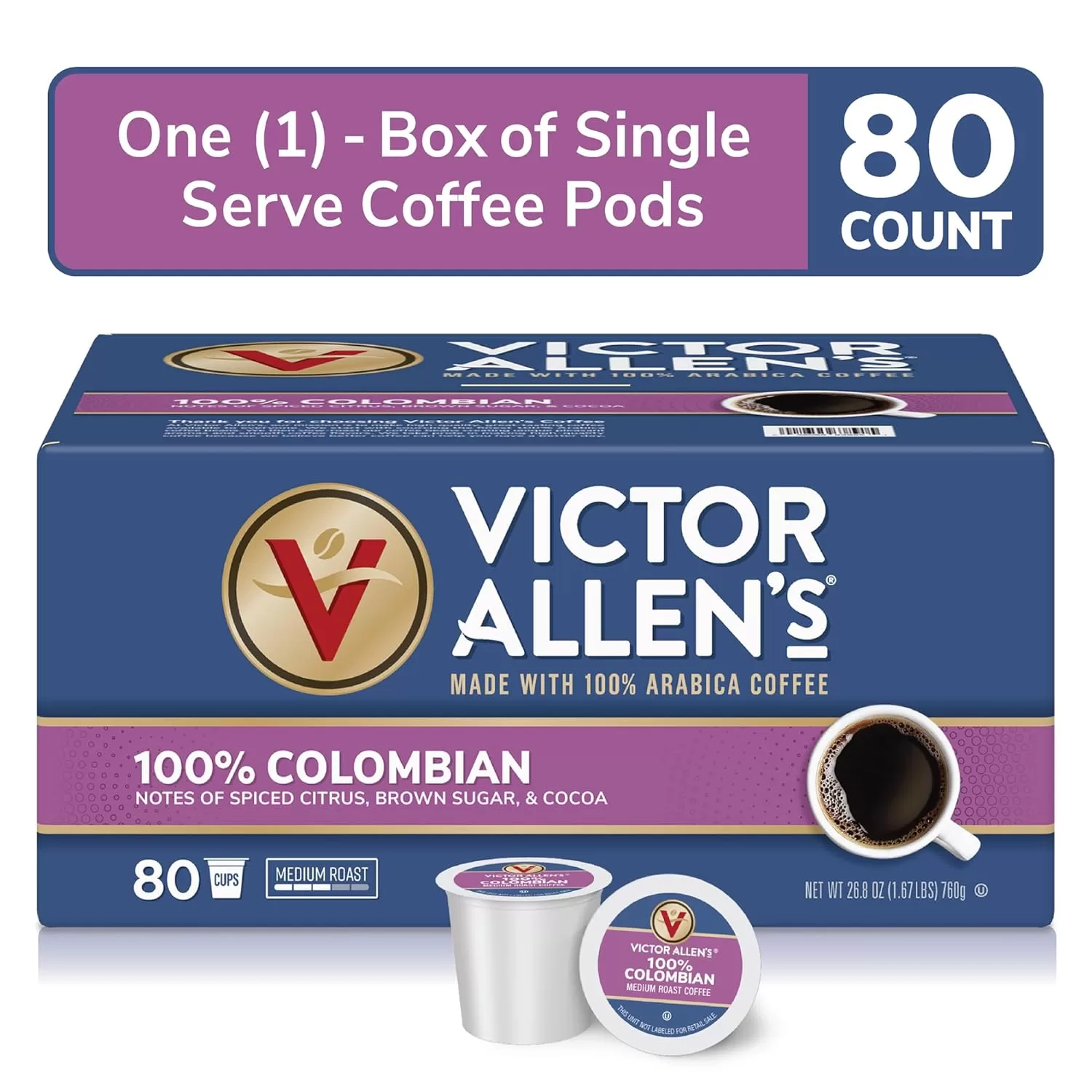 Victor Allen’s Coffee 100% Colombian, Medium Roast, 80 Count, Single Serve Coffee Pods for Keurig K-Cup Brewers