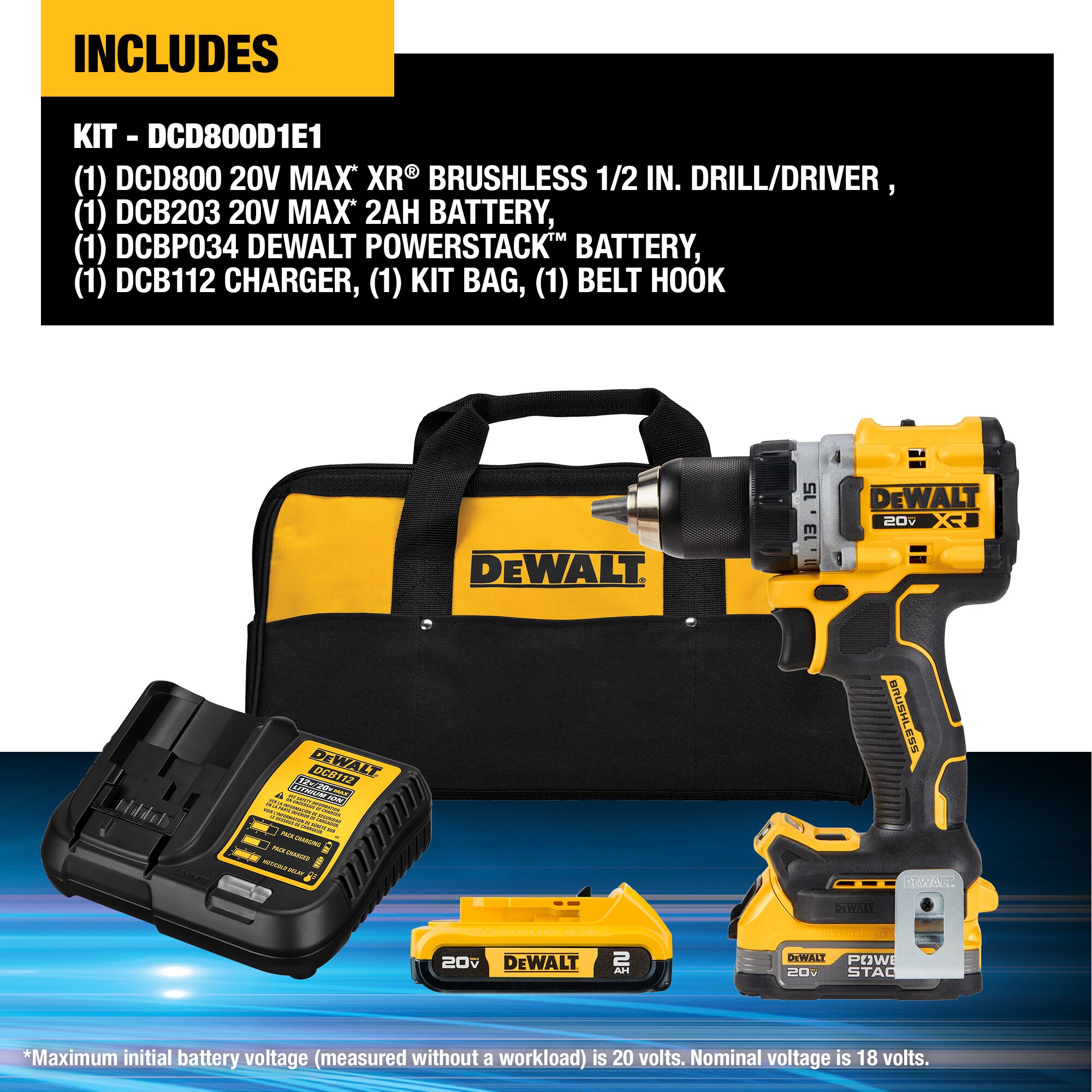 DEWALT DCD800D1E1 XR 20-volt Max 1/2-in Brushless Cordless Drill (2 Li-ion-Batteries Included)