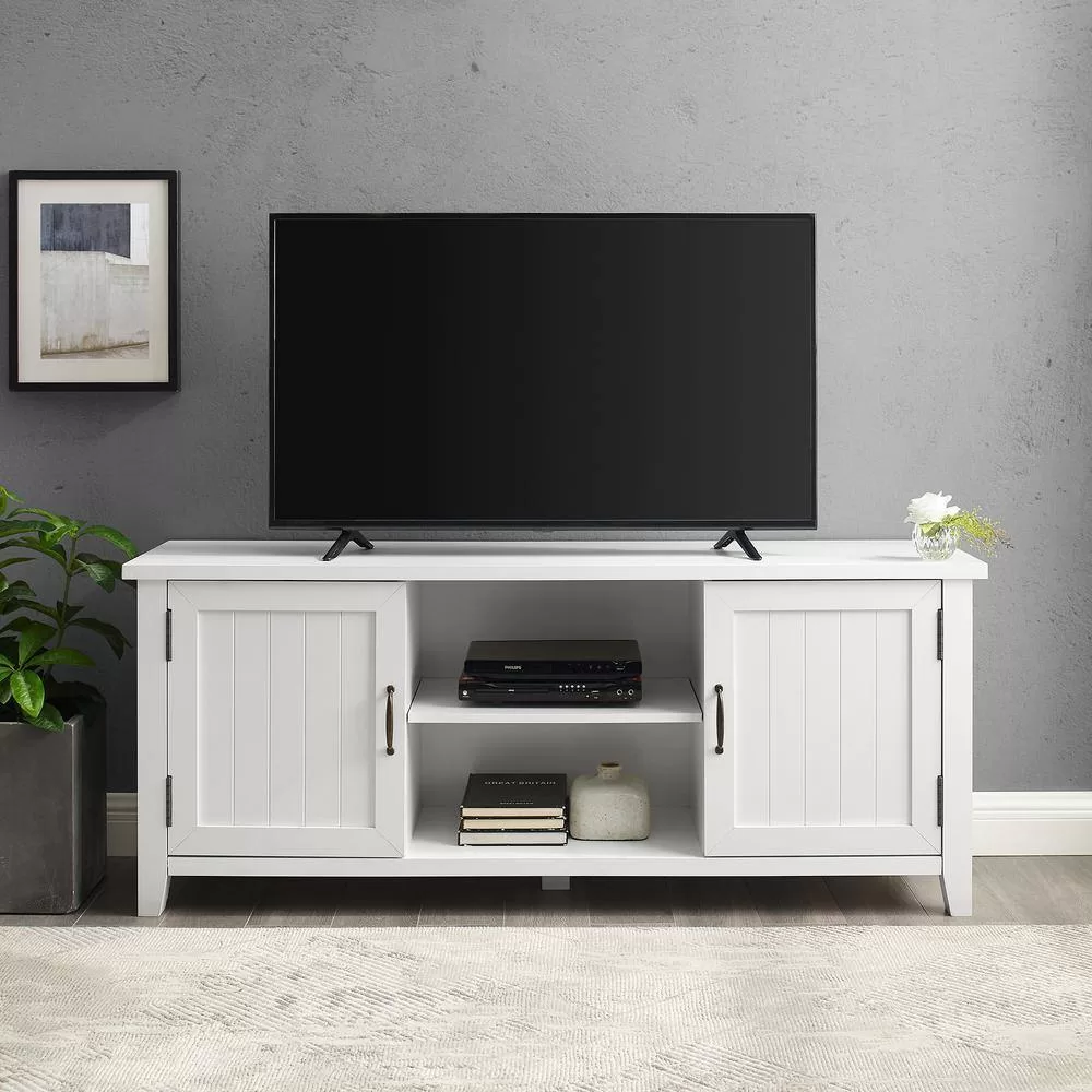 Walker Edison Furniture Company  58 in. White Wood TV Stand with Storage Doors (Max tv size 65 in.)