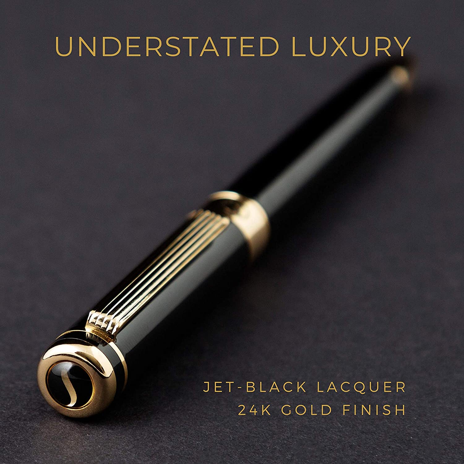 Scriveiner Black Lacquer Rollerball Pen – Stunning Luxury Pen with 24K Gold Finish, Schmidt Ink Refill, Best Roller Ball Pen Gift Set for Men & Women, Professional, Executive Office, Nice Pens