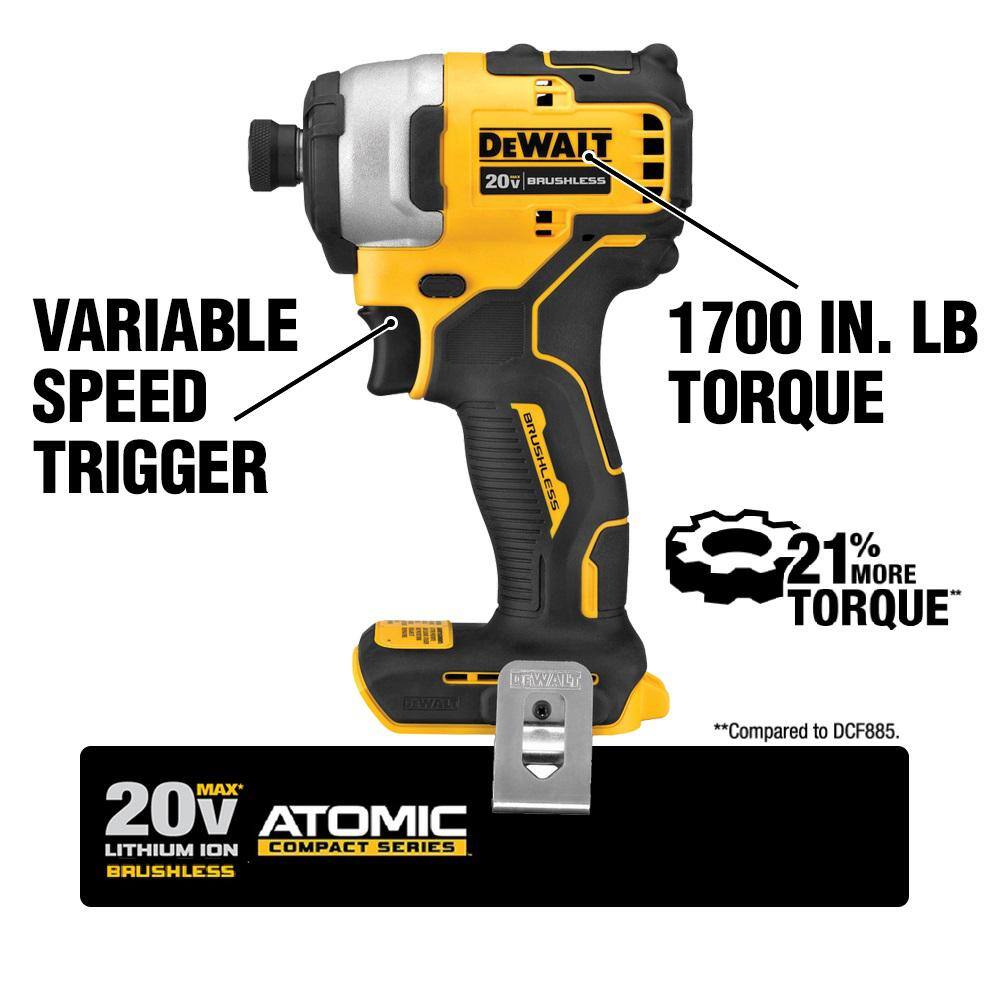 DEWALT DCF809B ATOMIC 20V MAX Cordless Brushless Compact 1/4 in. Impact Driver (Tool Only)