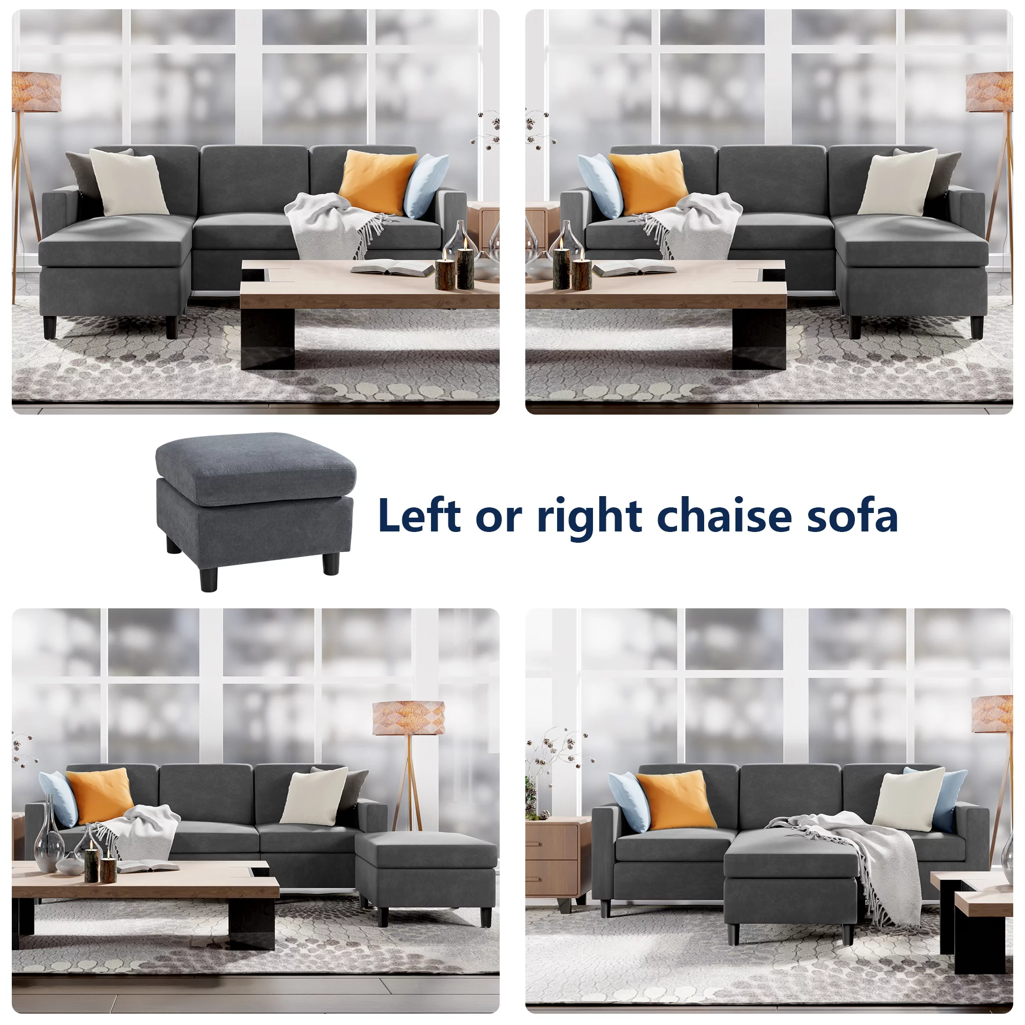 Walsunny Convertible Sectional Reversible Chaise, L-Shaped Sofa with Modern Linen Fabric (Gray)