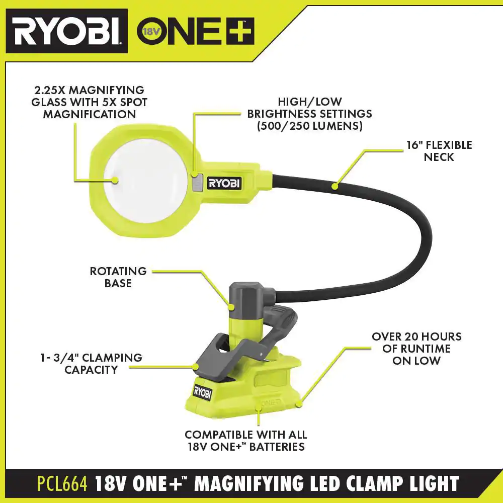 RYOBI PCL664B ONE+ 18V LED Magnifying Clamp Light (Tool Only)