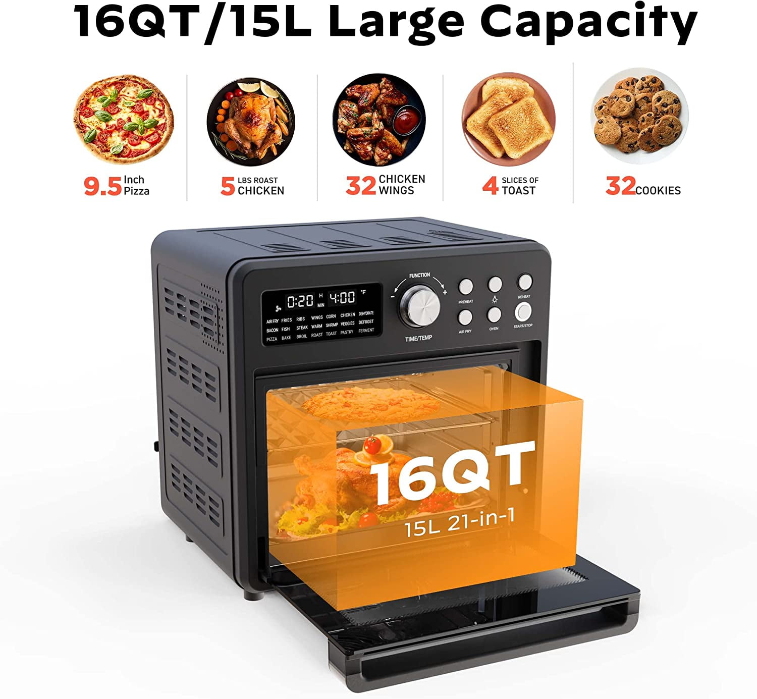 1600w 16qt air fryer toaster smart oven 21 in 1 countertop convection with dehydrate and reheat 9645