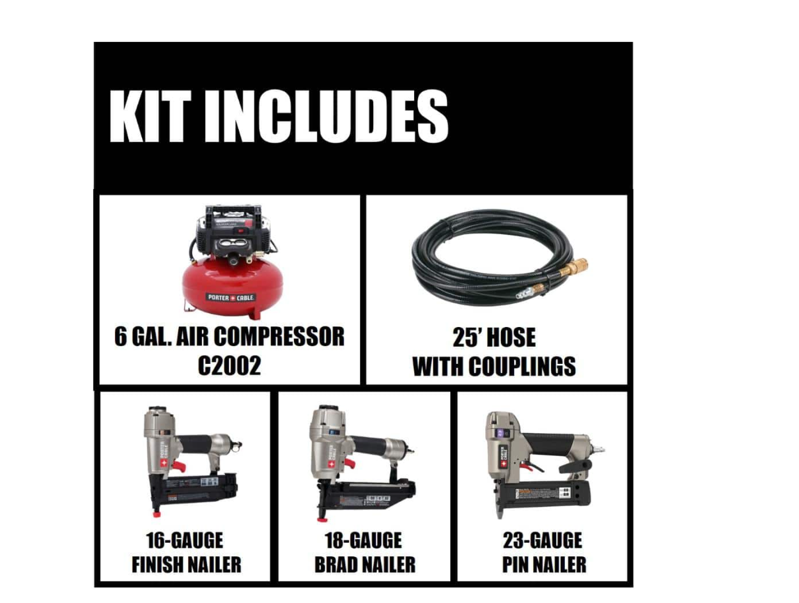 Porter-Cable PCFP3KIT 6 Gal. Portable Electric Air Compressor with 16-Gauge, 18-Gauge and 23-Gauge Nailer Combo Kit (3-Tool)