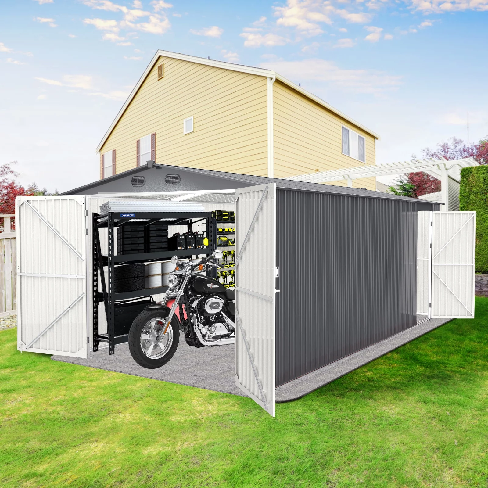 Chery Industrial Metal Garage 20x10 FT. Large Metal Garden Shed Backyard Utility Tool House Building with 2 Doors and 4 Vents for Car. Truck. Bike. Garbage Can. Tool. Lawnmower