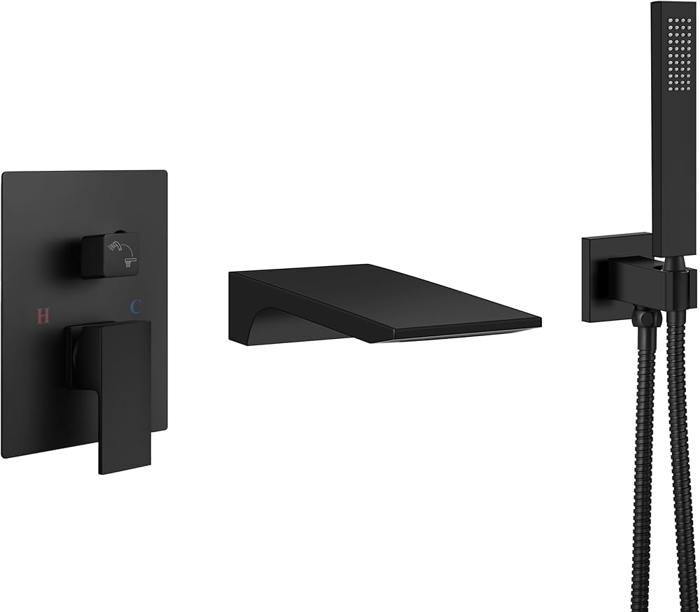 Black Waterfall Bathtub Faucet – Wall Mounted, Hot And Cold Water, With ABS Handheld Shower, Nickel Finish, For Modern Bathrooms