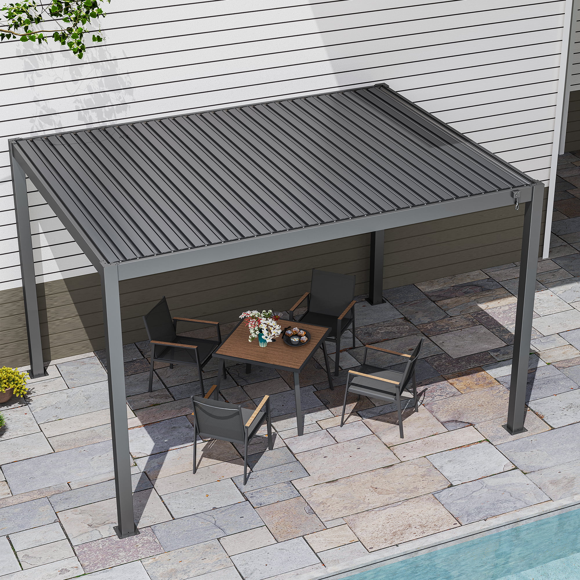 LAUSAINT HOME 10'x13' Outdoor All-Aluminum Louvered Pergola Shade with Integrated Gutter & Adjustable Roof. Black